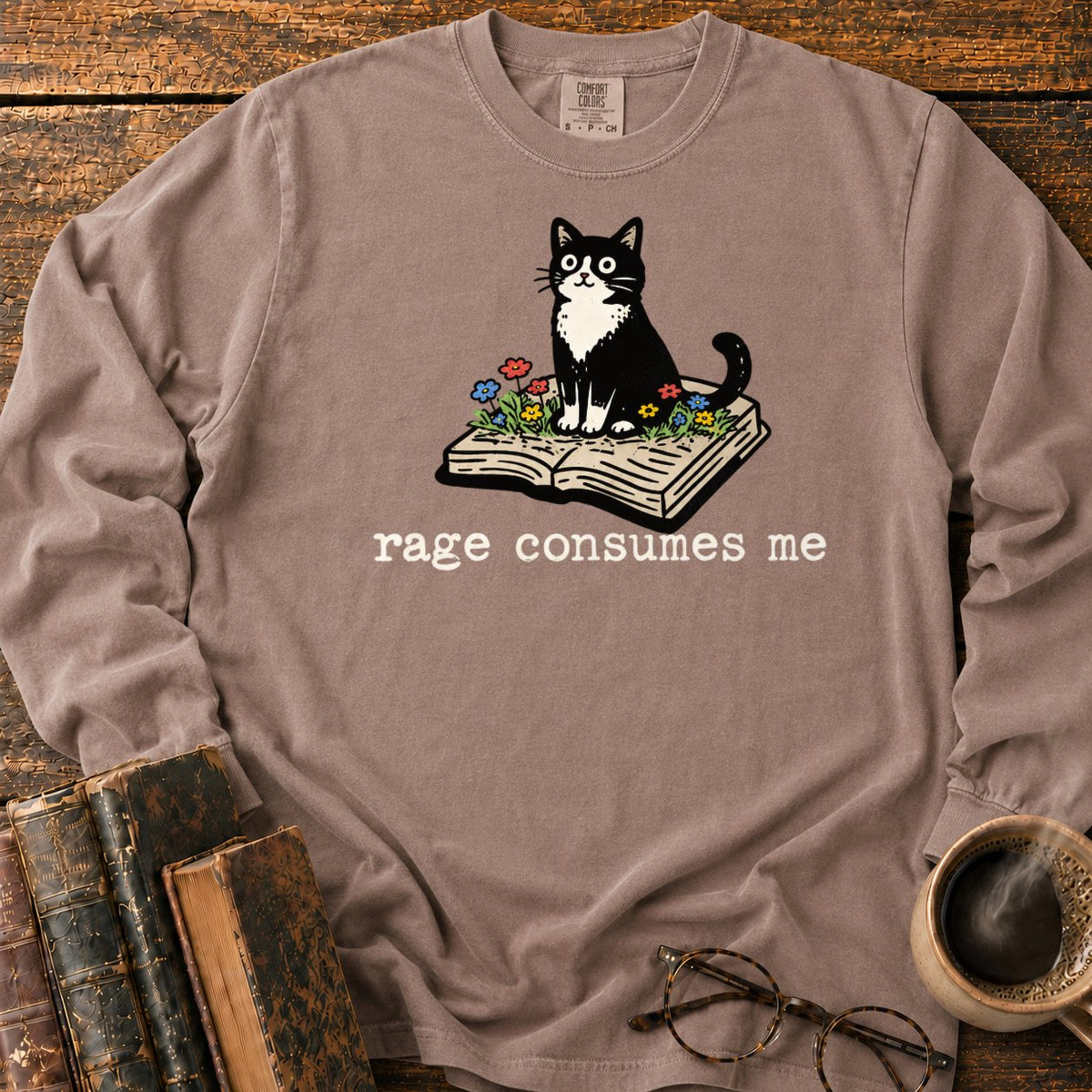 Tuxedo Cat With Rage Consumes Me LS T-Shirt in Espresso – BooksThreads