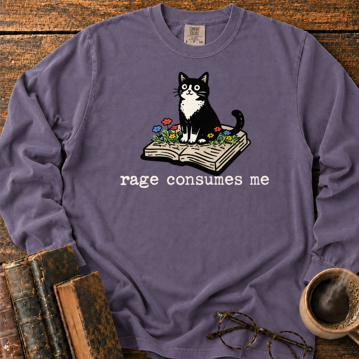 Tuxedo Cat With Rage Consumes Me LS T-Shirt in Grape – BooksThreads