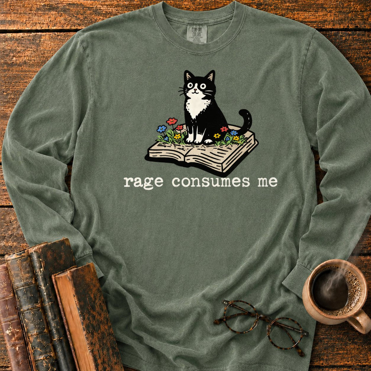 Tuxedo Cat With Rage Consumes Me LS T-Shirt in Hemp – BooksThreads