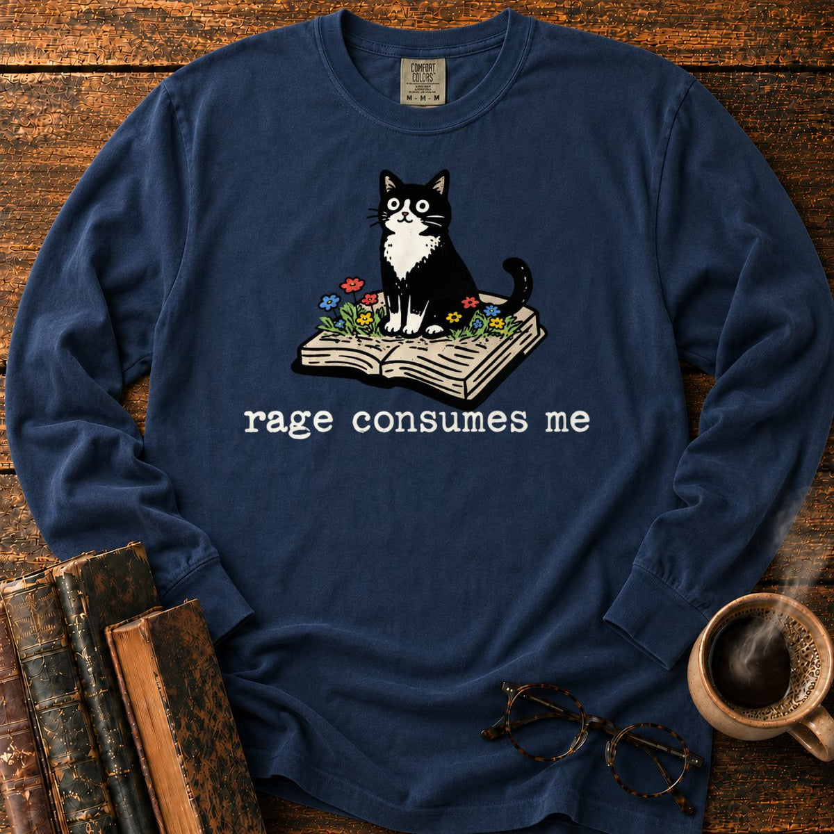 Tuxedo Cat With Rage Consumes Me LS T-Shirt in Midnight – BooksThreads