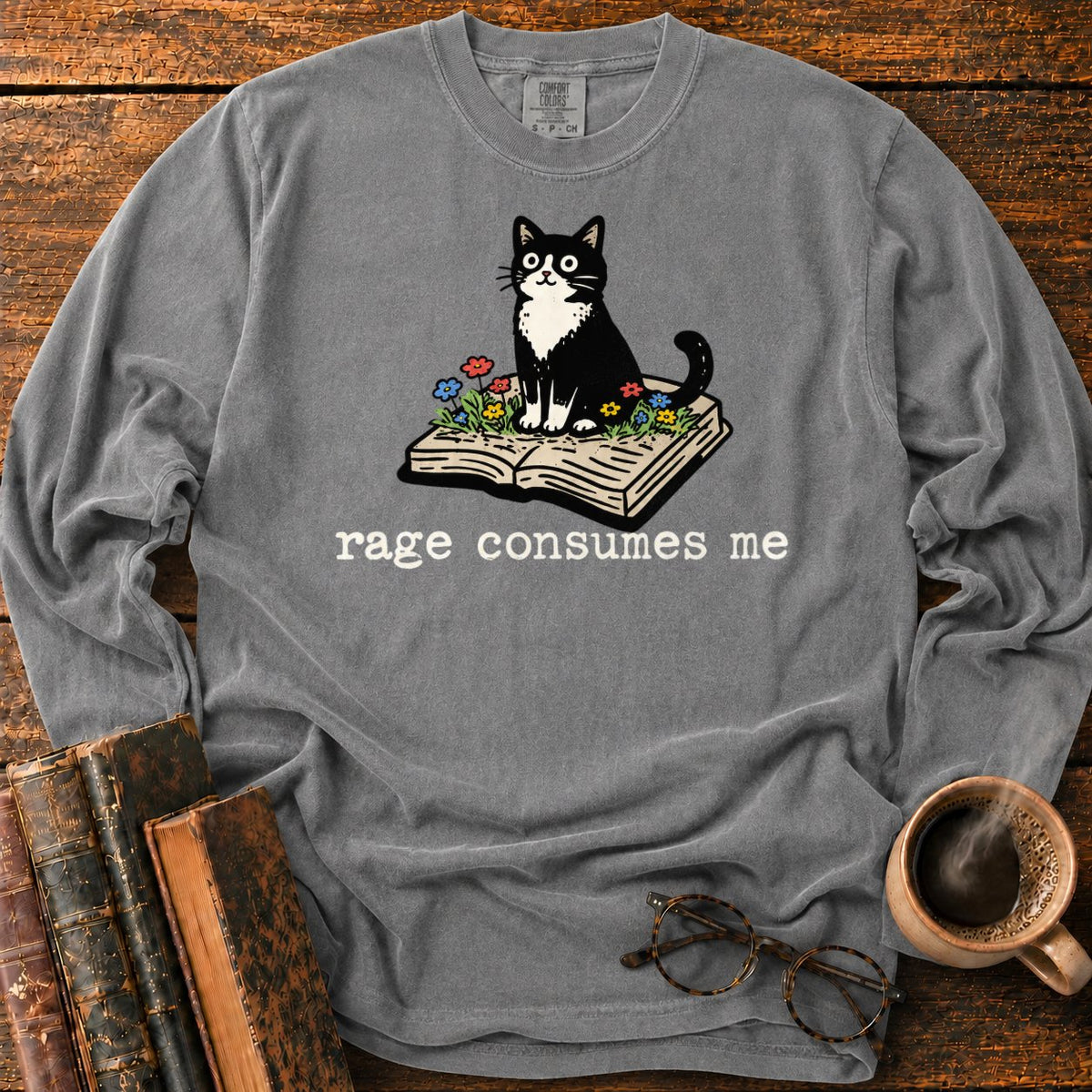 Tuxedo Cat With Rage Consumes Me LS T-Shirt in Pepper – BooksThreads