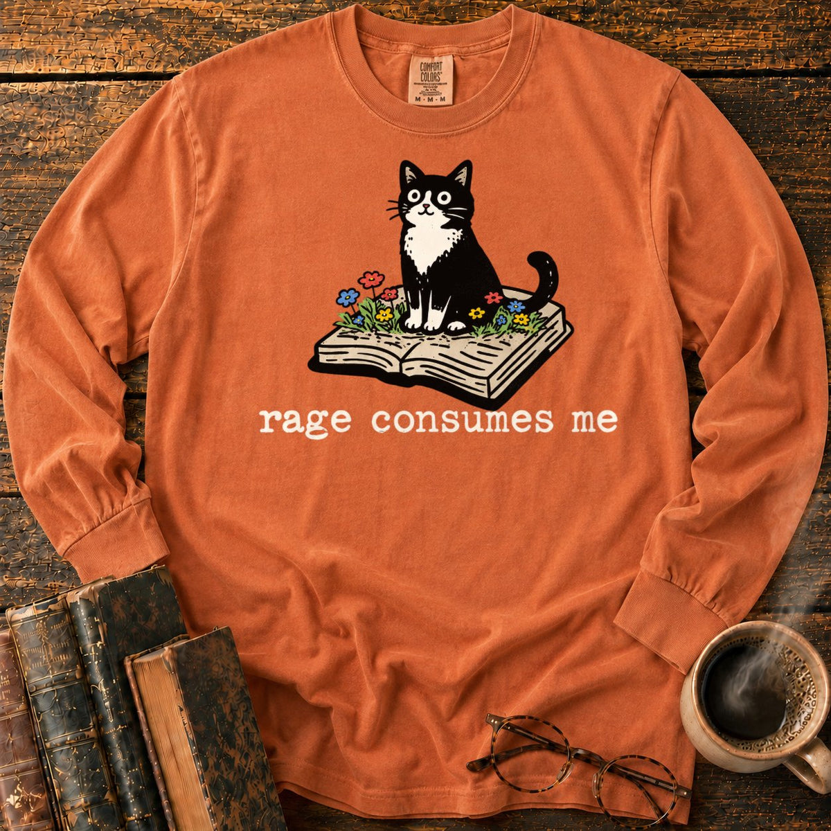 Tuxedo Cat With Rage Consumes Me LS T-Shirt in Yam – BooksThreads