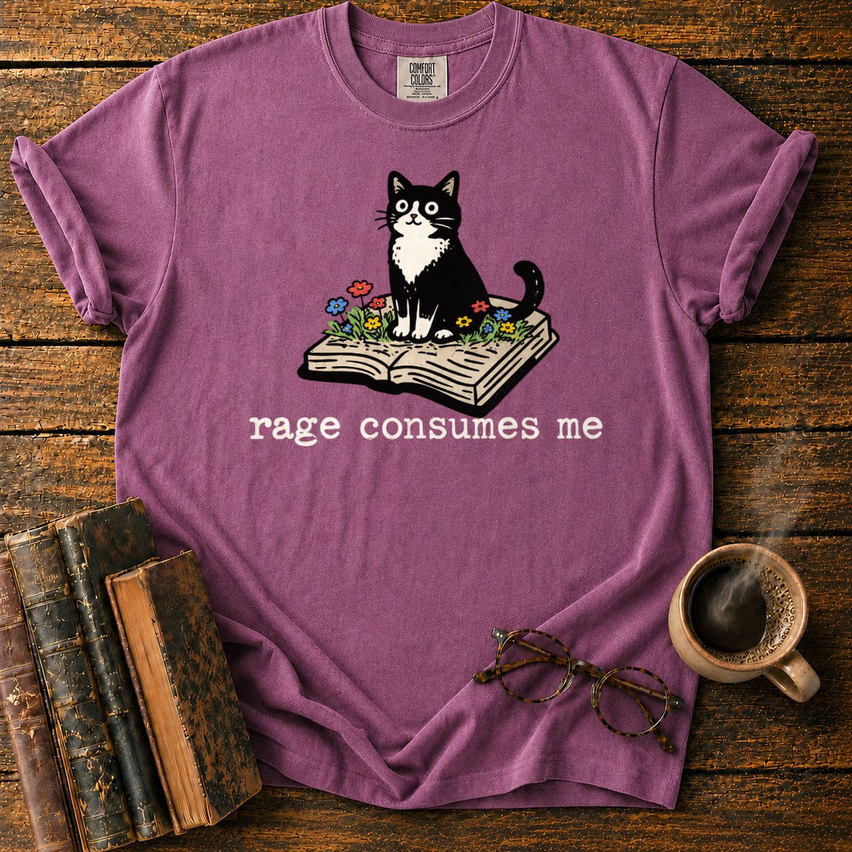 Tuxedo Cat With Rage Consumes Me T-Shirt in Berry – BooksThreads