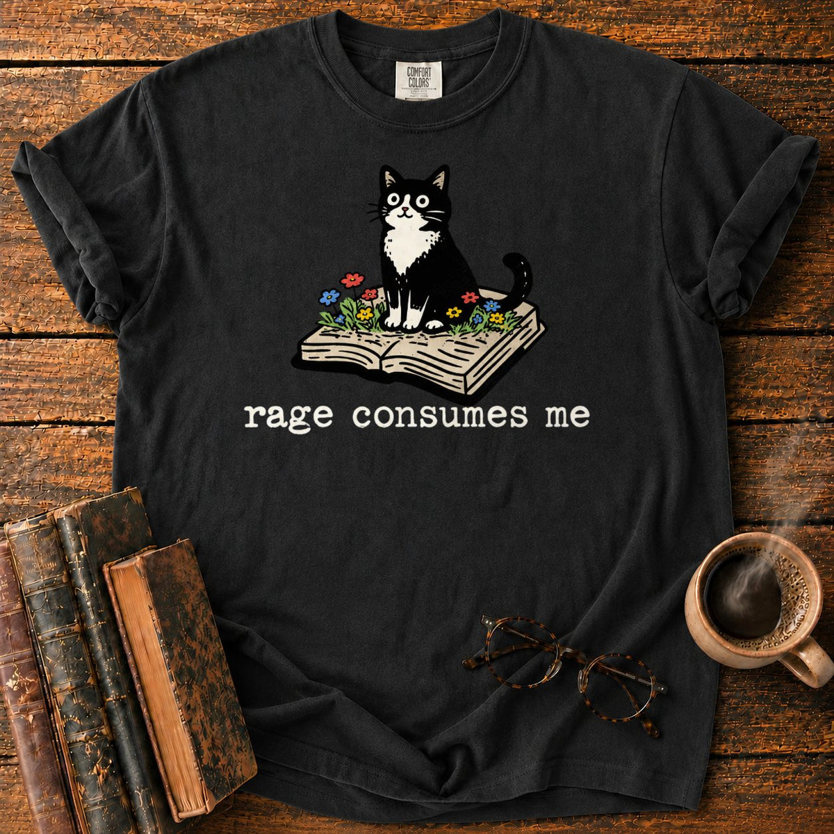 Tuxedo Cat With Rage Consumes Me T-Shirt in Black – BooksThreads