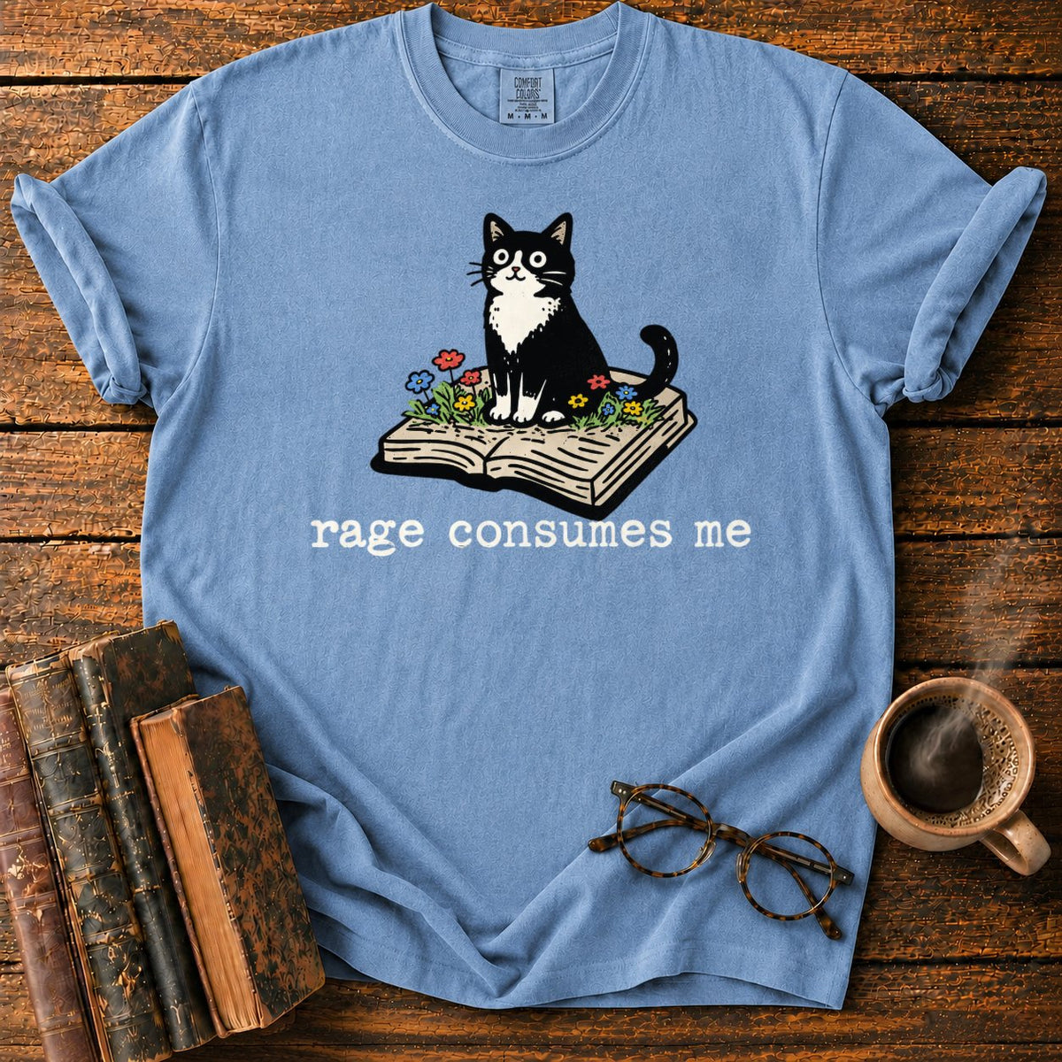 Tuxedo Cat With Rage Consumes Me T-Shirt in Blue Jean – BooksThreads