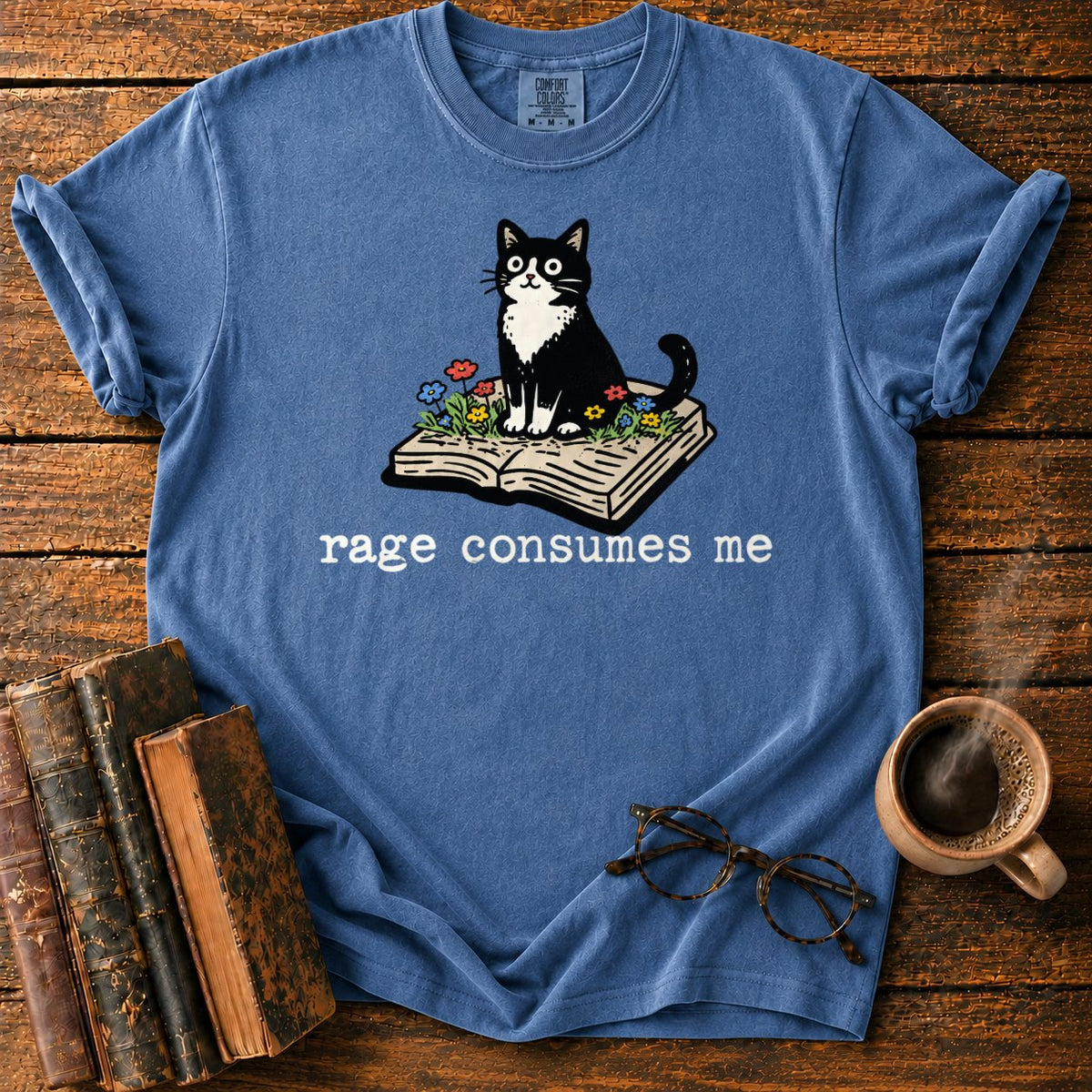 Tuxedo Cat With Rage Consumes Me T-Shirt in Denim – BooksThreads
