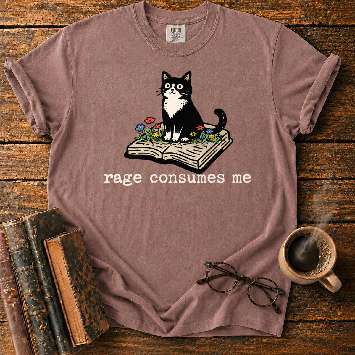 Tuxedo Cat With Rage Consumes Me T-Shirt in Espresso – BooksThreads