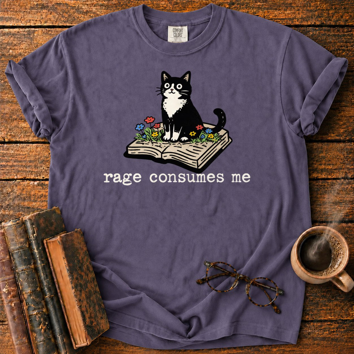 Tuxedo Cat With Rage Consumes Me T-Shirt in Grape – BooksThreads