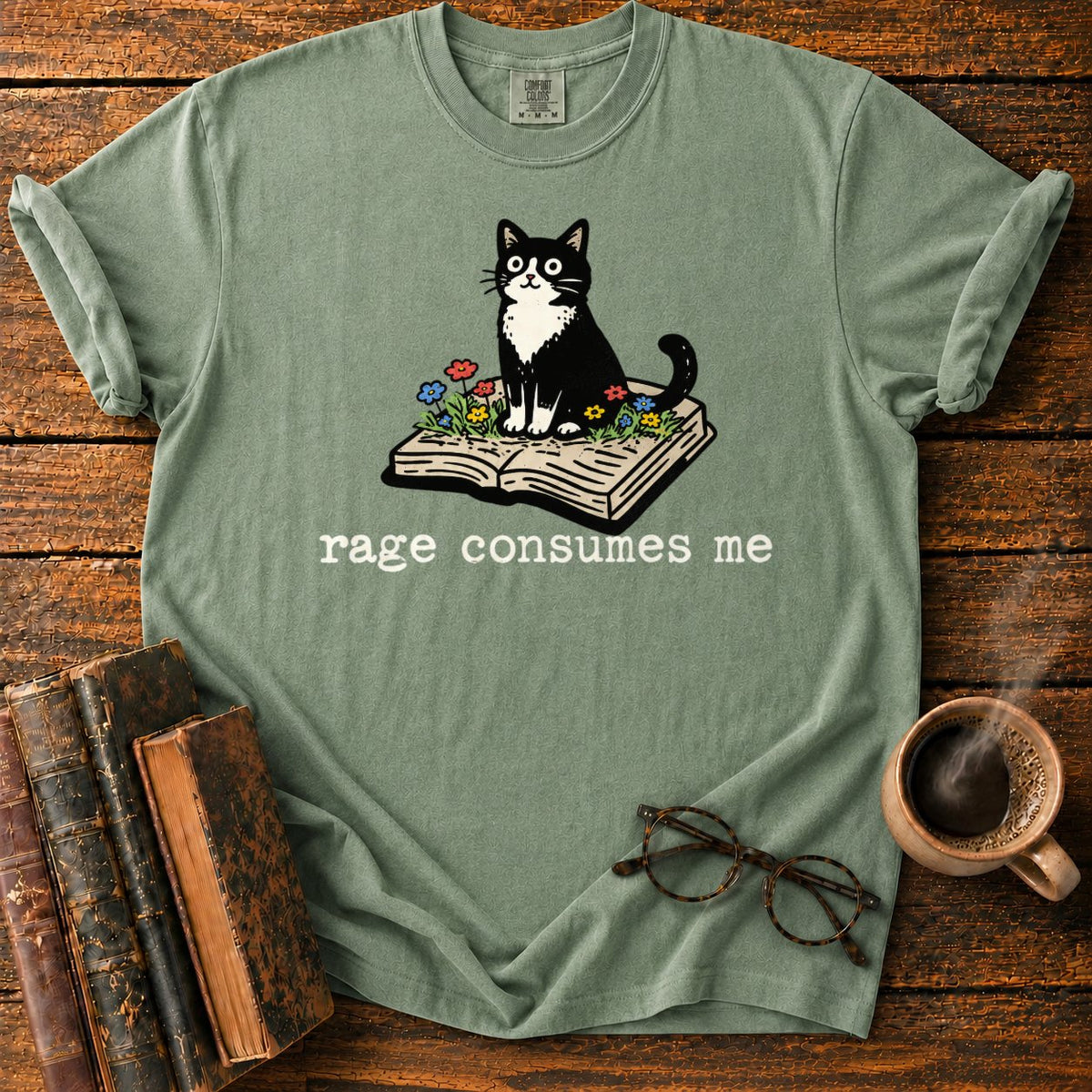 Tuxedo Cat With Rage Consumes Me T-Shirt in Moss – BooksThreads