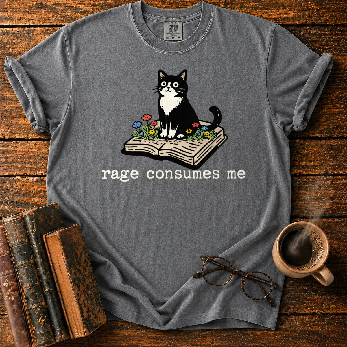 Tuxedo Cat With Rage Consumes Me T-Shirt in Pepper – BooksThreads