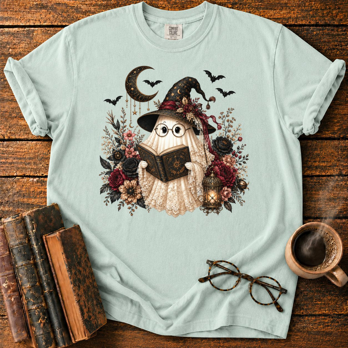 Victorian Witch Ghost Reading A Grimoire T-Shirt in Bay – BooksThreads