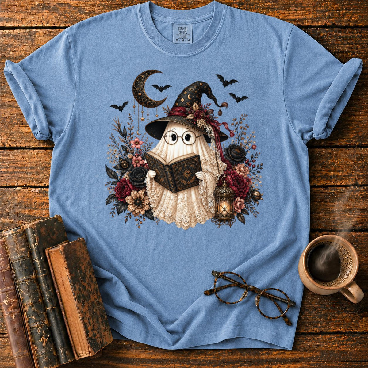 Victorian Witch Ghost Reading A Grimoire T-Shirt in Blue Jean – BooksThreads