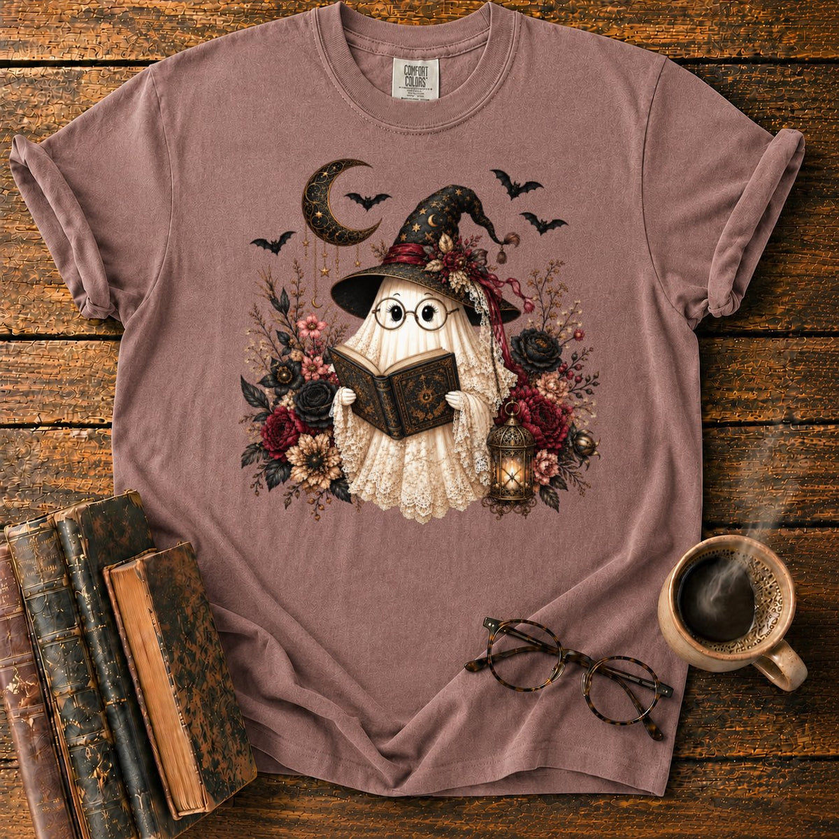 Victorian Witch Ghost Reading A Grimoire T-Shirt in Espresso – BooksThreads