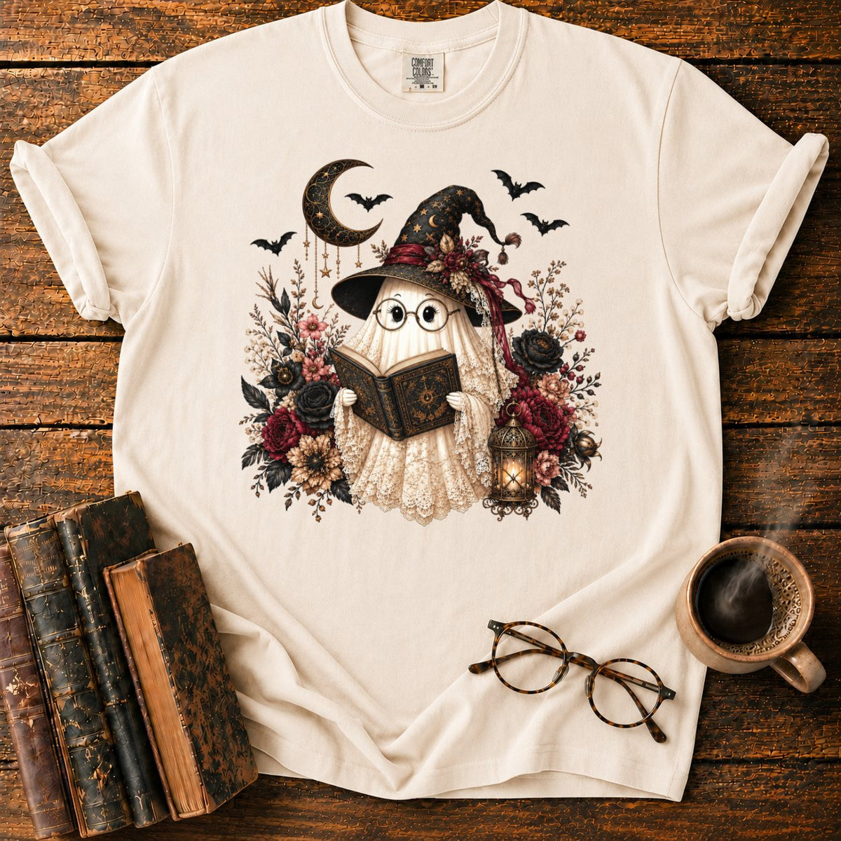 Victorian Witch Ghost Reading A Grimoire T-Shirt in Ivory – BooksThreads