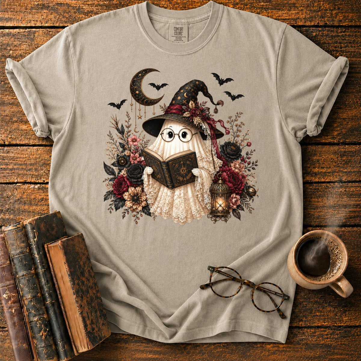 Victorian Witch Ghost Reading A Grimoire T-Shirt in Khaki – BooksThreads