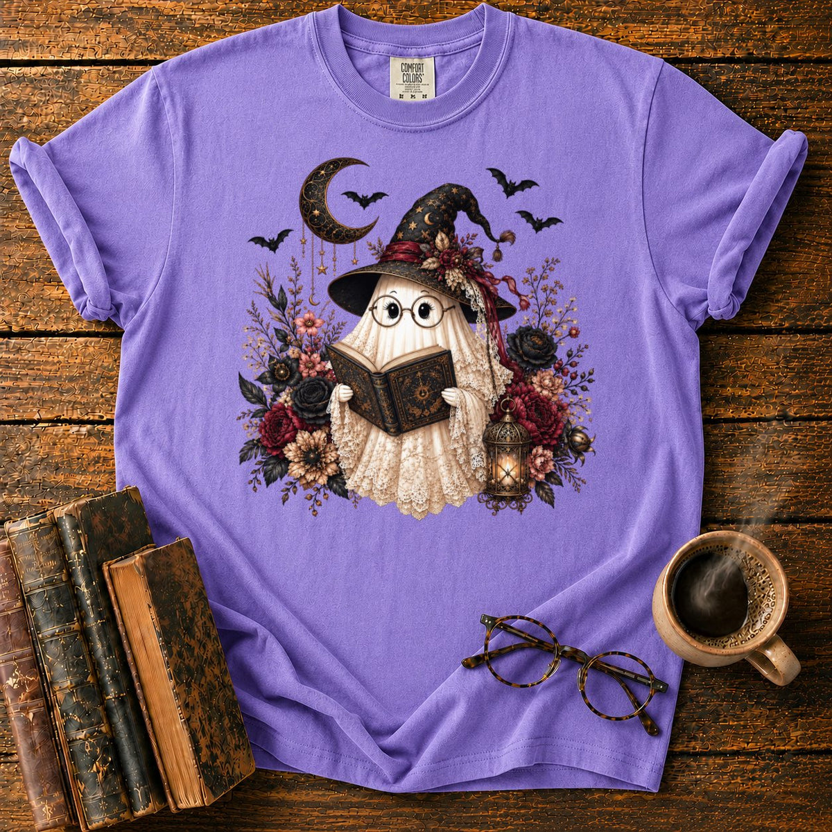 Victorian Witch Ghost Reading A Grimoire T-Shirt in Violet – BooksThreads