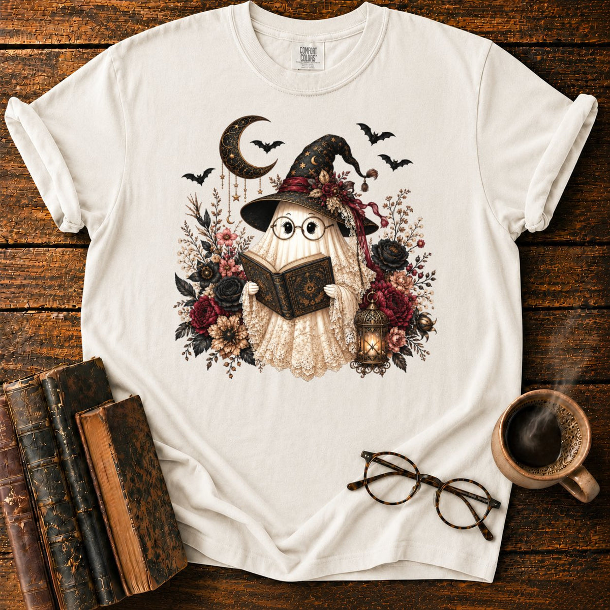 Victorian Witch Ghost Reading A Grimoire T-Shirt in White – BooksThreads