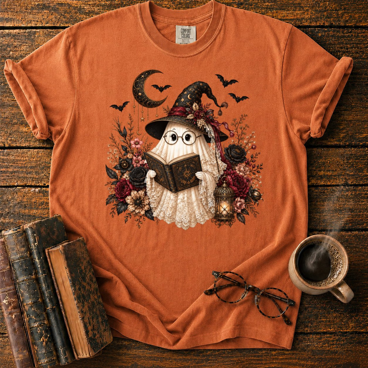 Victorian Witch Ghost Reading A Grimoire T-Shirt in Yam – BooksThreads