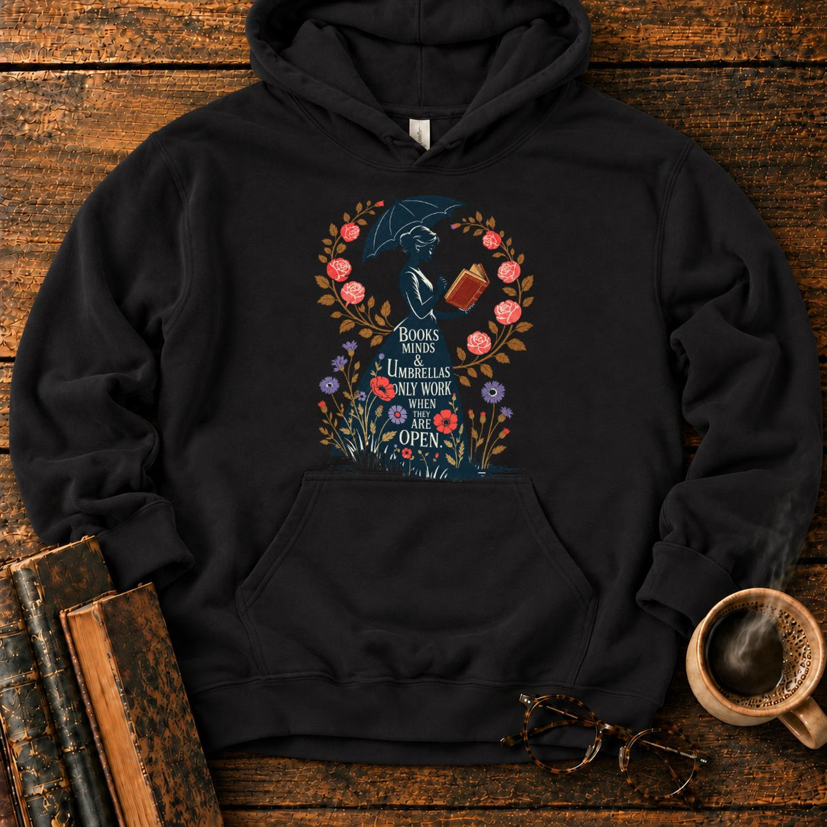 Victorian Woman With Umbrella And Book Hoodie in Black – BooksThreads