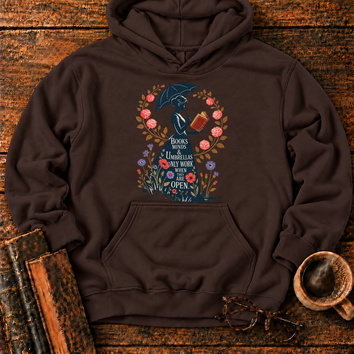 Victorian Woman With Umbrella And Book Hoodie in Dark Chocolate – BooksThreads