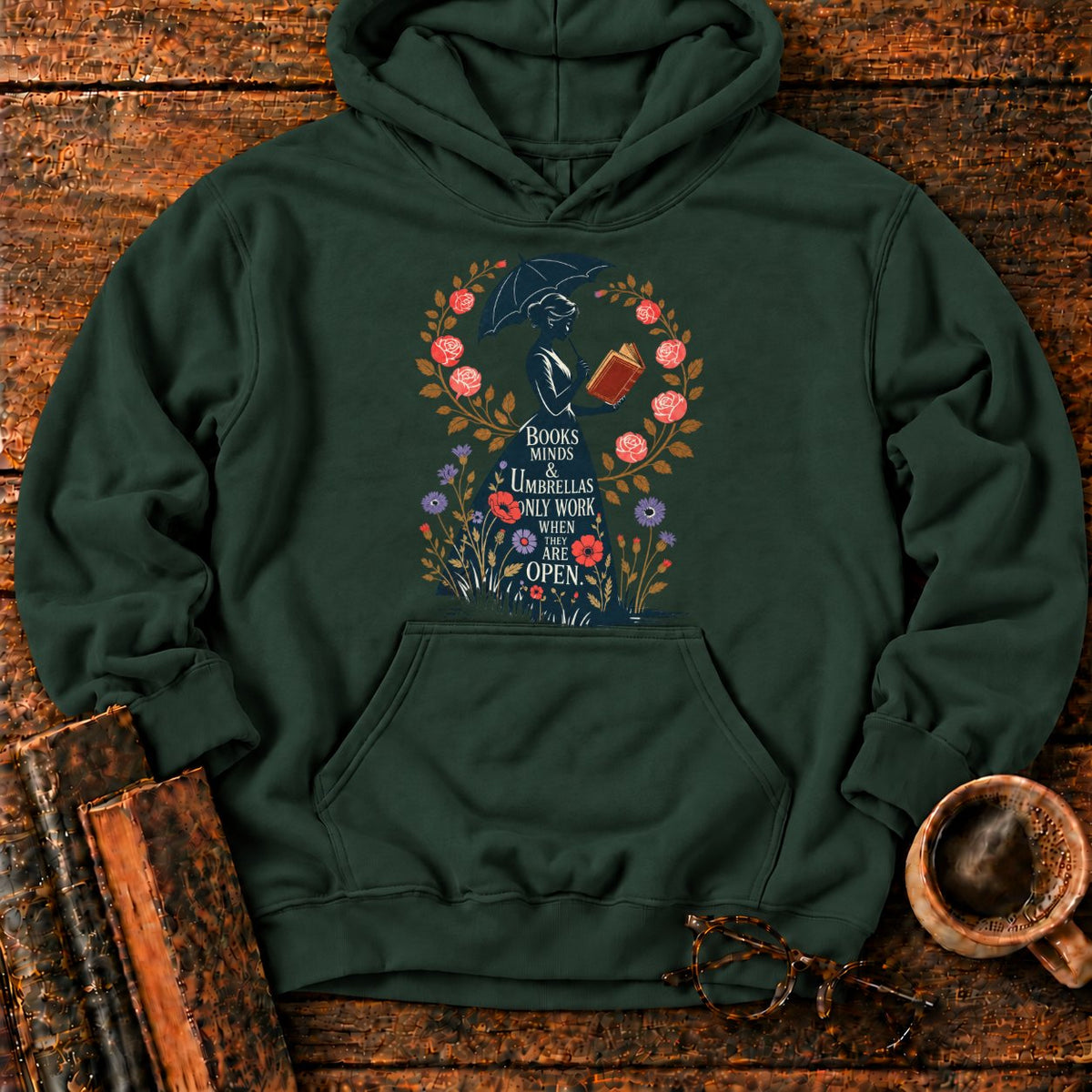 Victorian Woman With Umbrella And Book Hoodie in Forest Green – BooksThreads