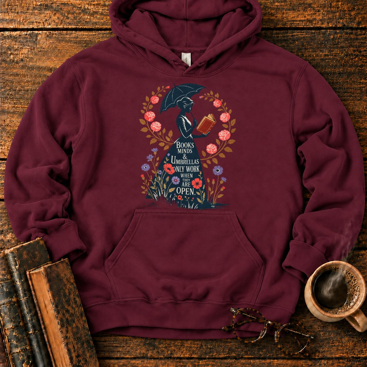 Victorian Woman With Umbrella And Book Hoodie in Maroon – BooksThreads