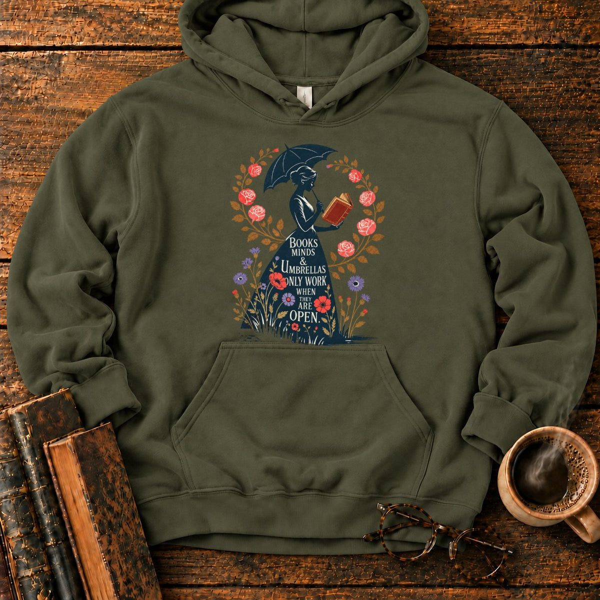Victorian Woman With Umbrella And Book Hoodie in Military Green – BooksThreads