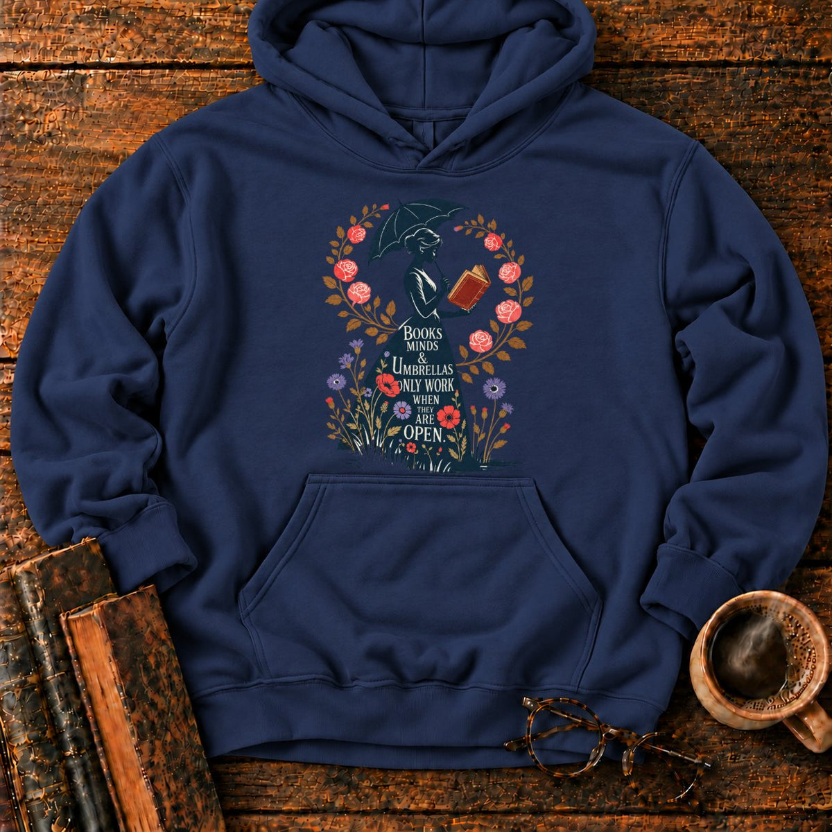 Victorian Woman With Umbrella And Book Hoodie in Navy – BooksThreads