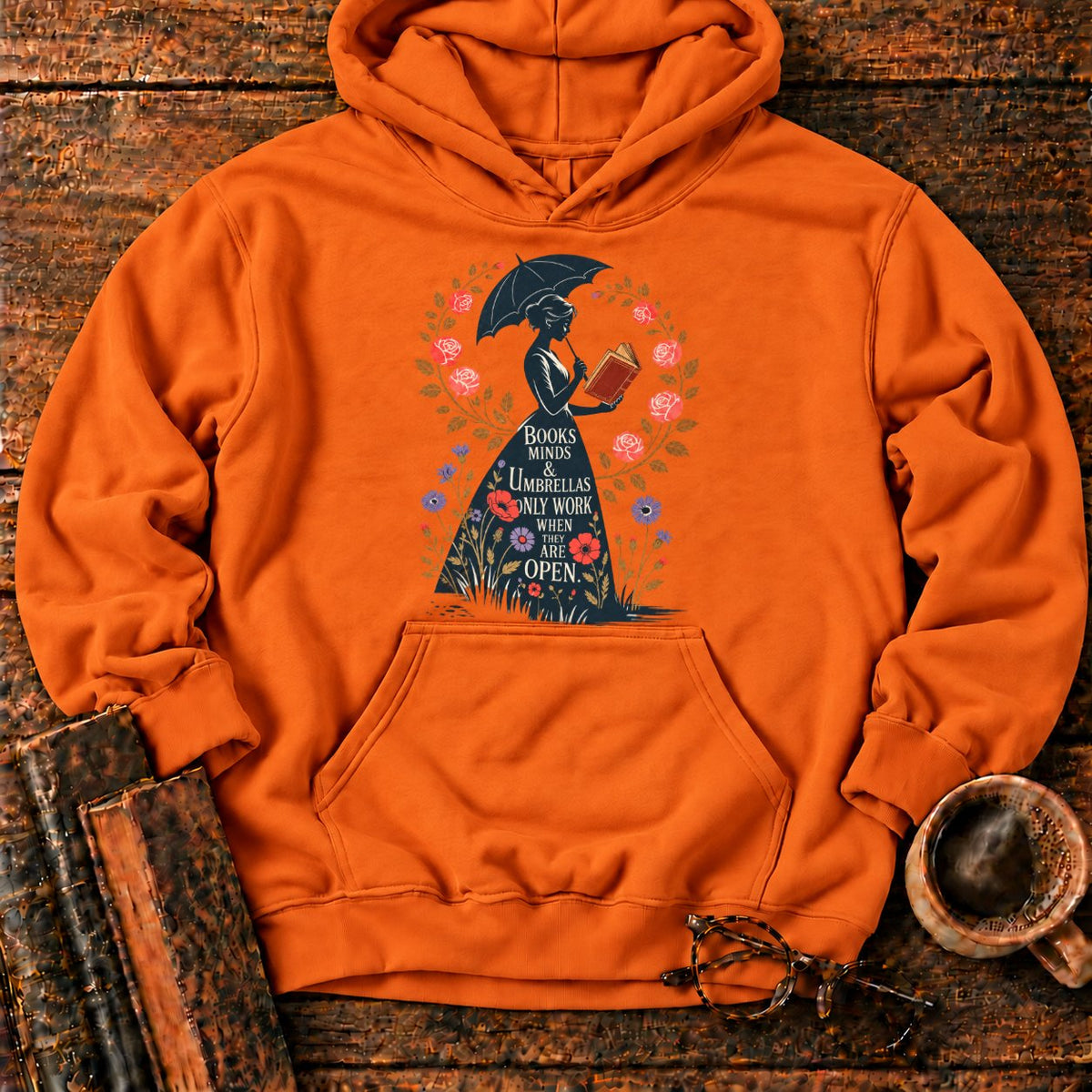 Victorian Woman With Umbrella And Book Hoodie in Orange – BooksThreads