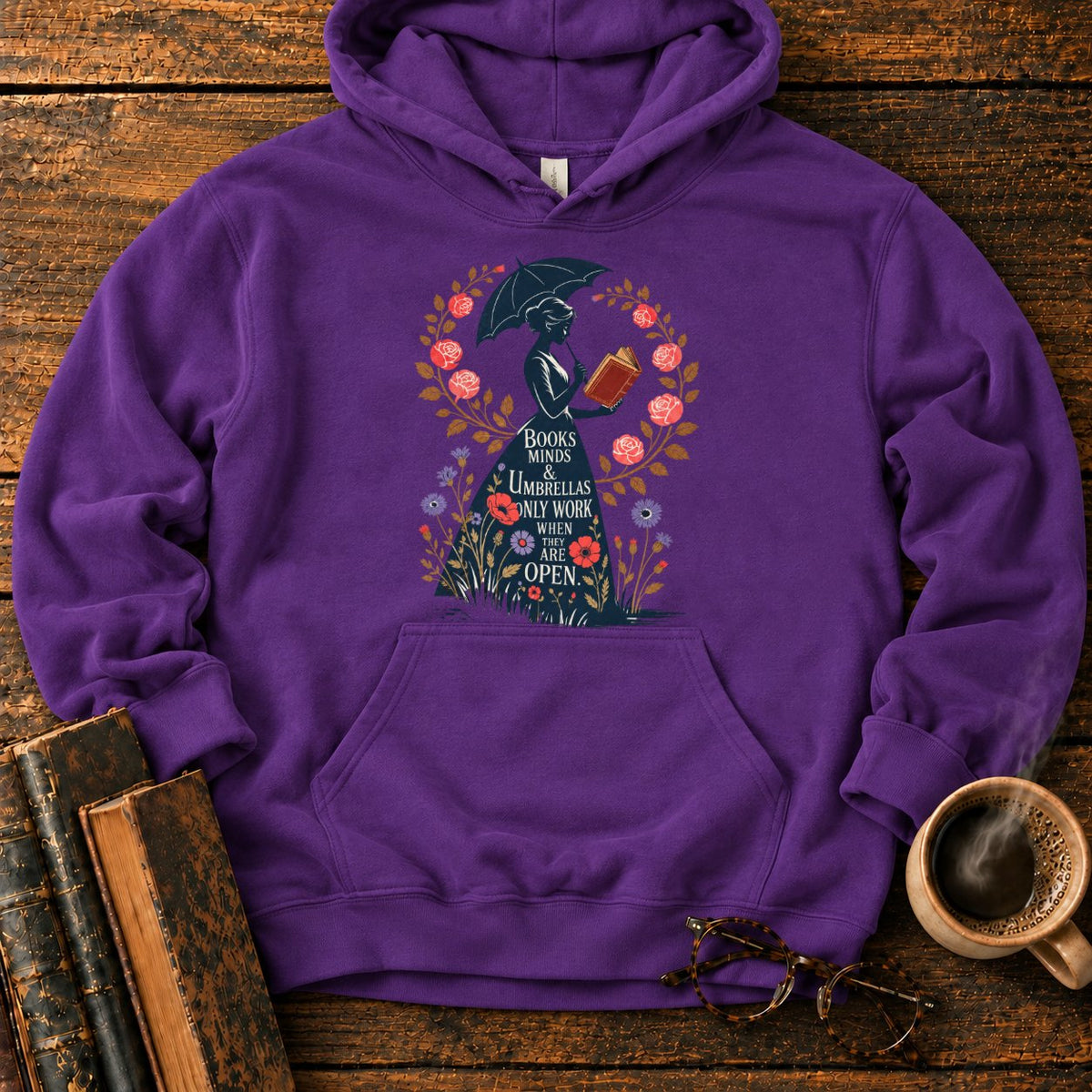 Victorian Woman With Umbrella And Book Hoodie in Purple – BooksThreads