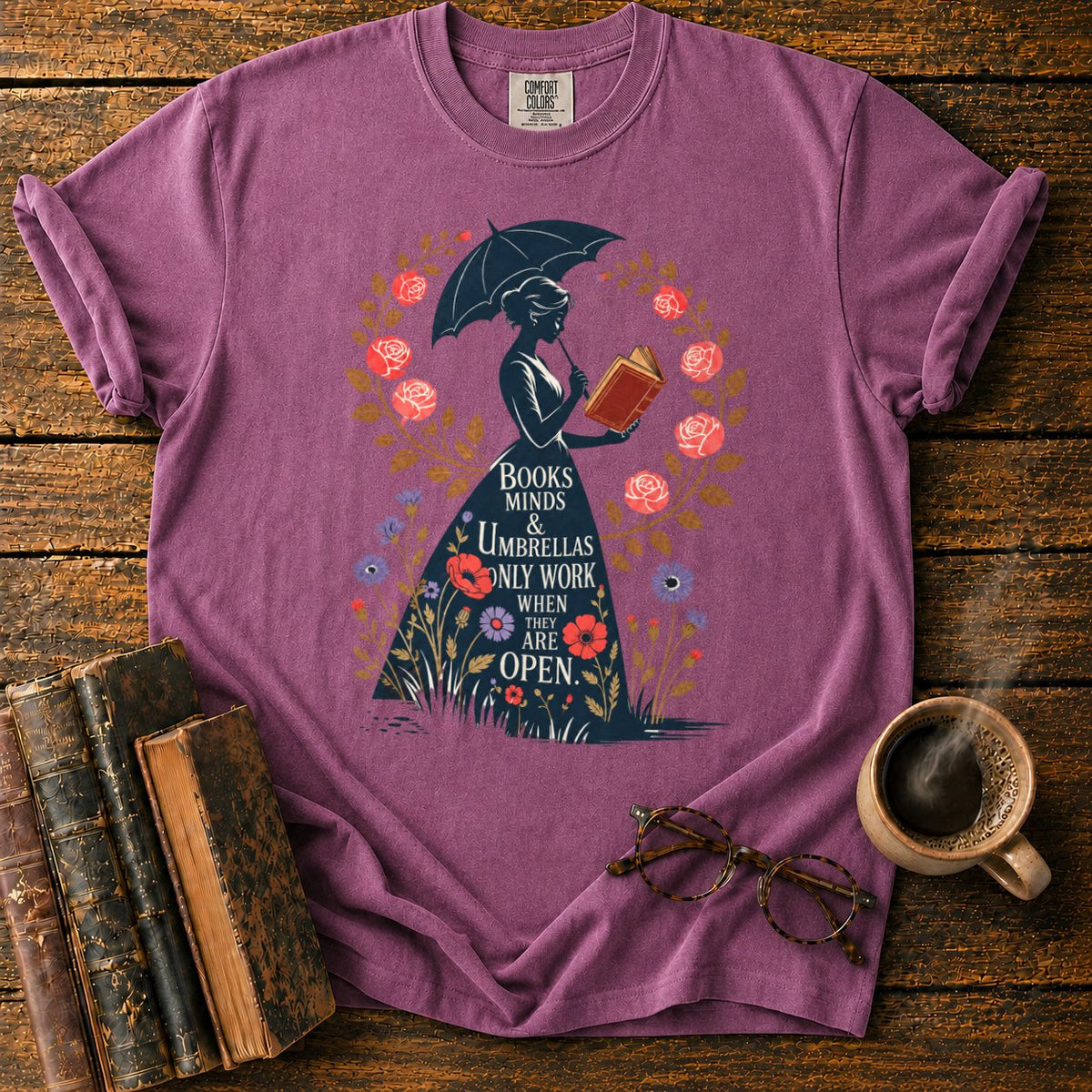Victorian Woman With Umbrella And Book T-Shirt in Berry – BooksThreads