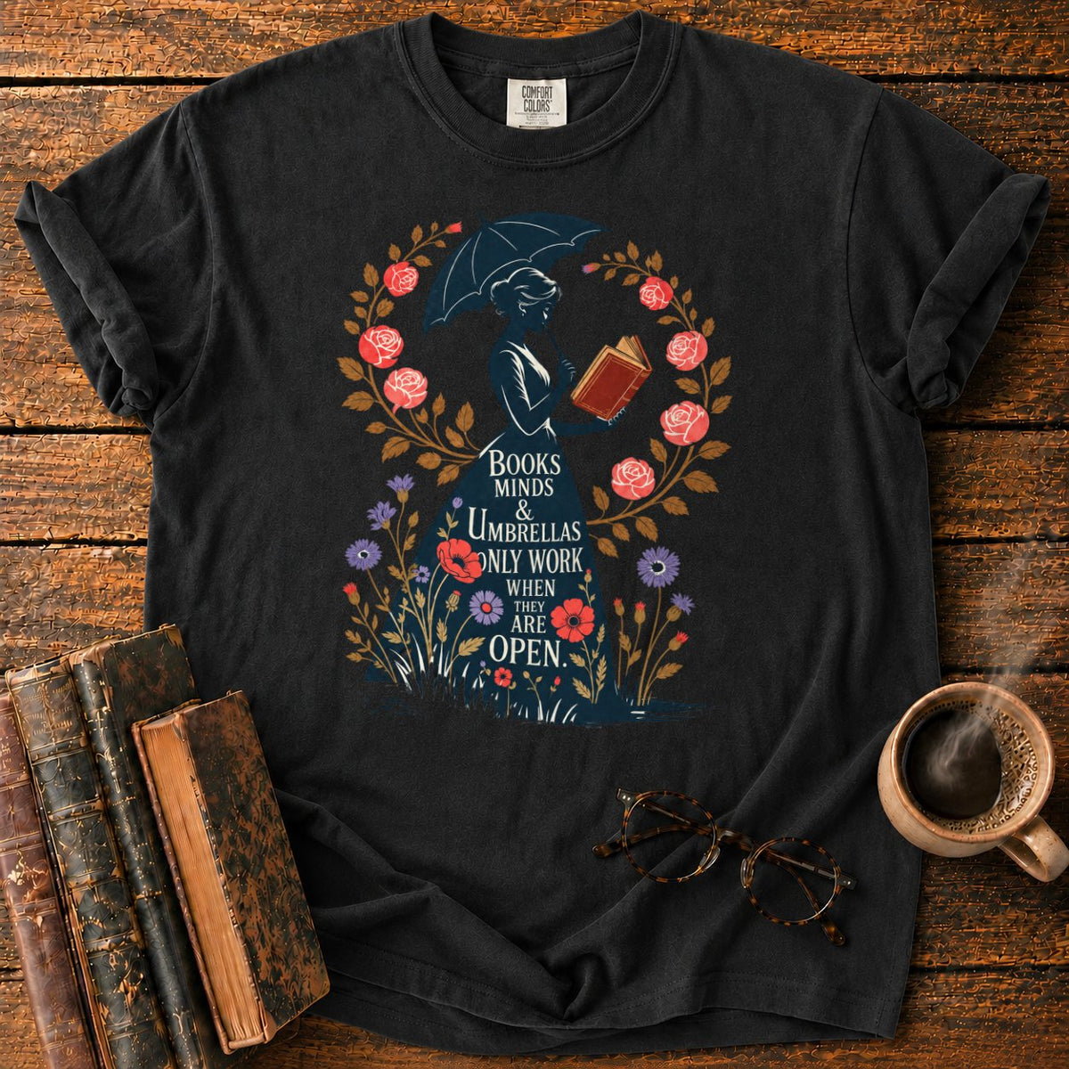 Victorian Woman With Umbrella And Book T-Shirt in Black – BooksThreads