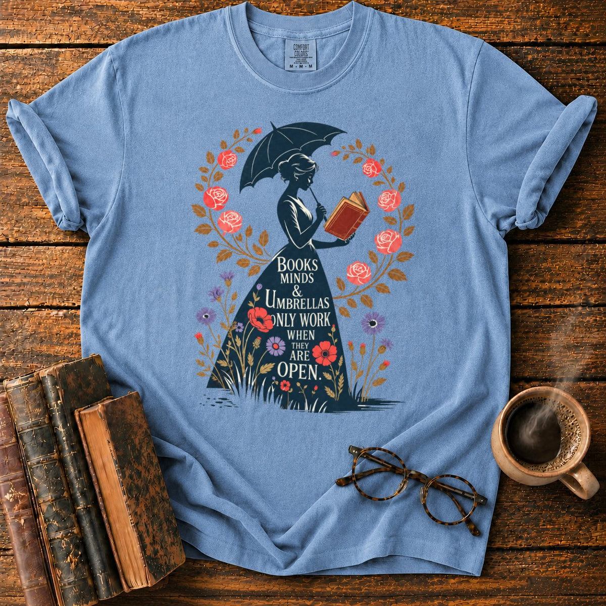 Victorian Woman With Umbrella And Book T-Shirt in Blue Jean – BooksThreads