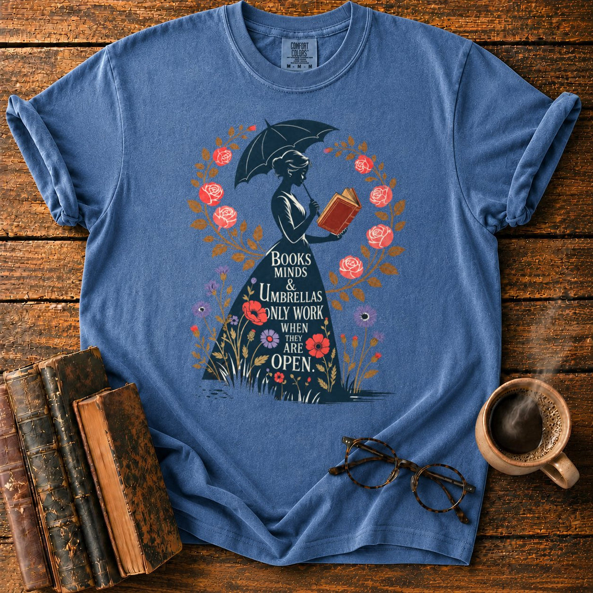 Victorian Woman With Umbrella And Book T-Shirt in Denim – BooksThreads