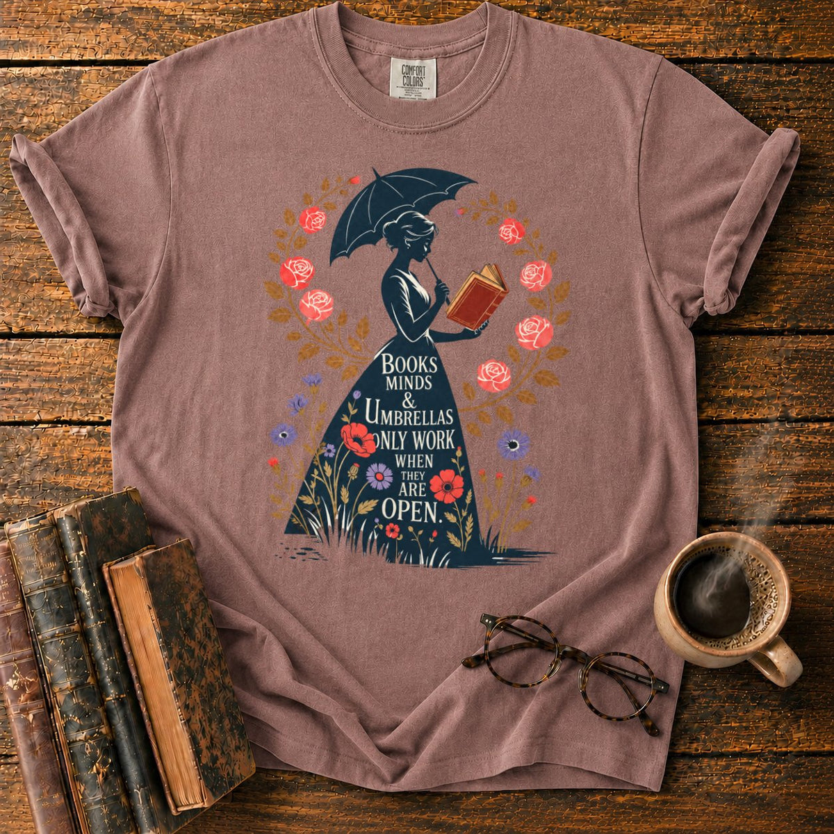 Victorian Woman With Umbrella And Book T-Shirt in Espresso – BooksThreads