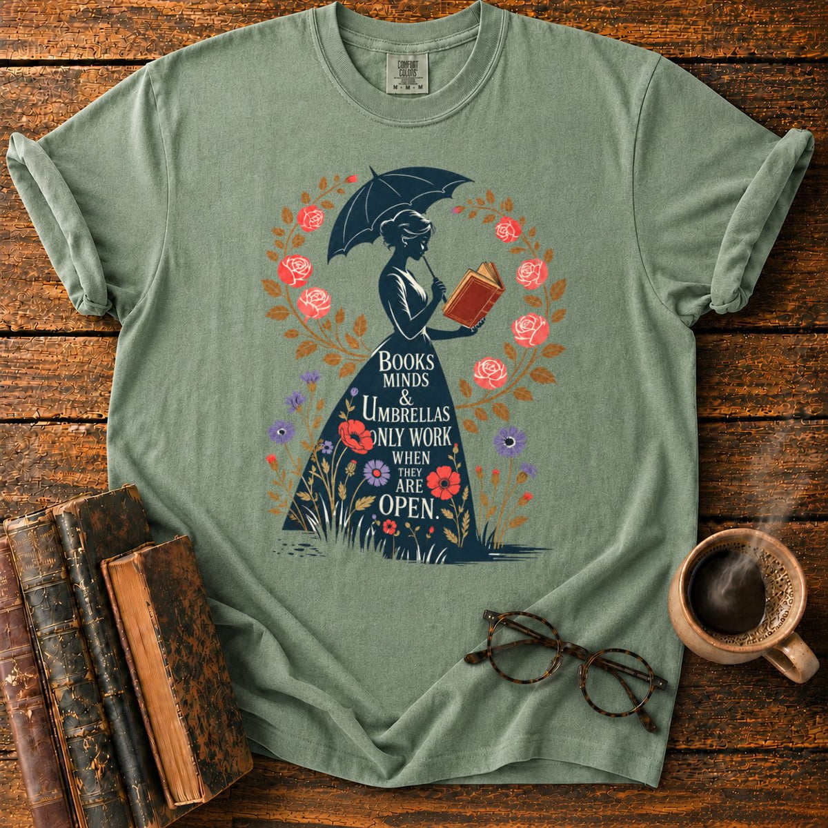 Victorian Woman With Umbrella And Book T-Shirt in Moss – BooksThreads