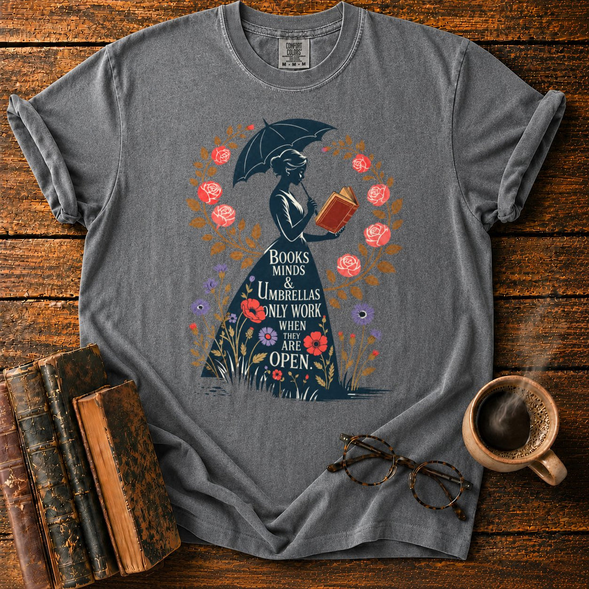Victorian Woman With Umbrella And Book T-Shirt in Pepper – BooksThreads
