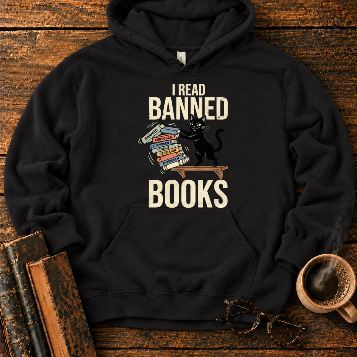 Vintage Cat Pushing A Book Stack Hoodie in Black – BooksThreads