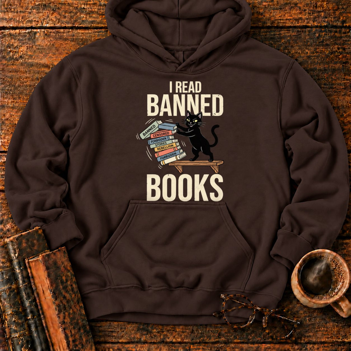 Vintage Cat Pushing A Book Stack Hoodie in Dark Chocolate – BooksThreads