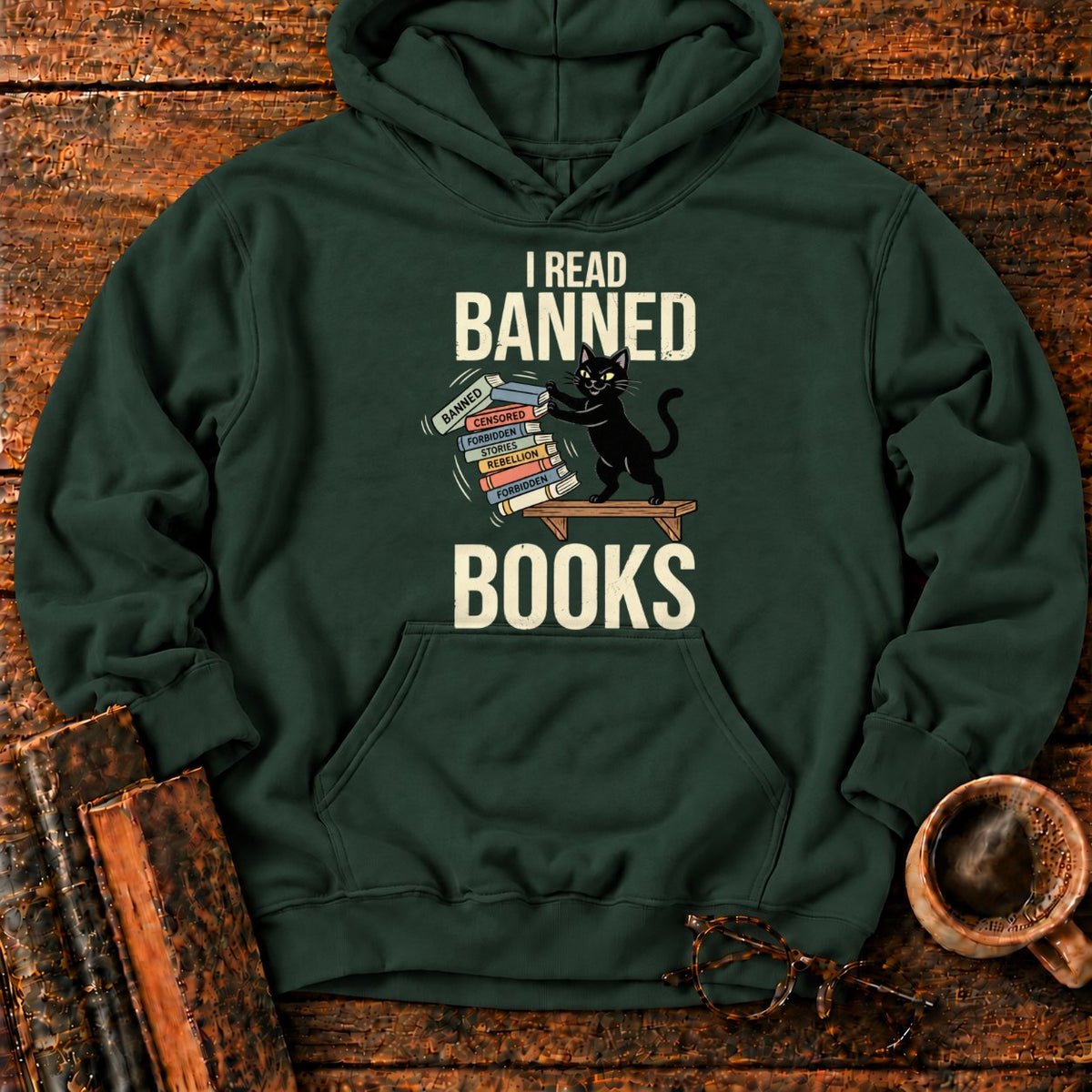 Vintage Cat Pushing A Book Stack Hoodie in Forest Green – BooksThreads