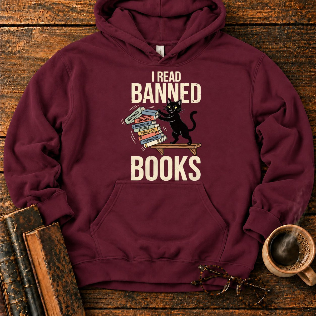 Vintage Cat Pushing A Book Stack Hoodie in Maroon – BooksThreads