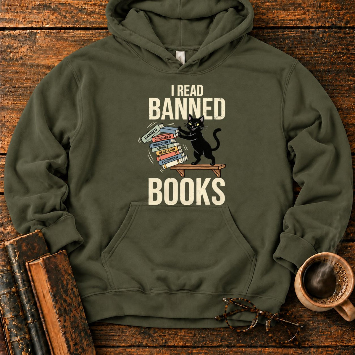 Vintage Cat Pushing A Book Stack Hoodie in Military Green – BooksThreads