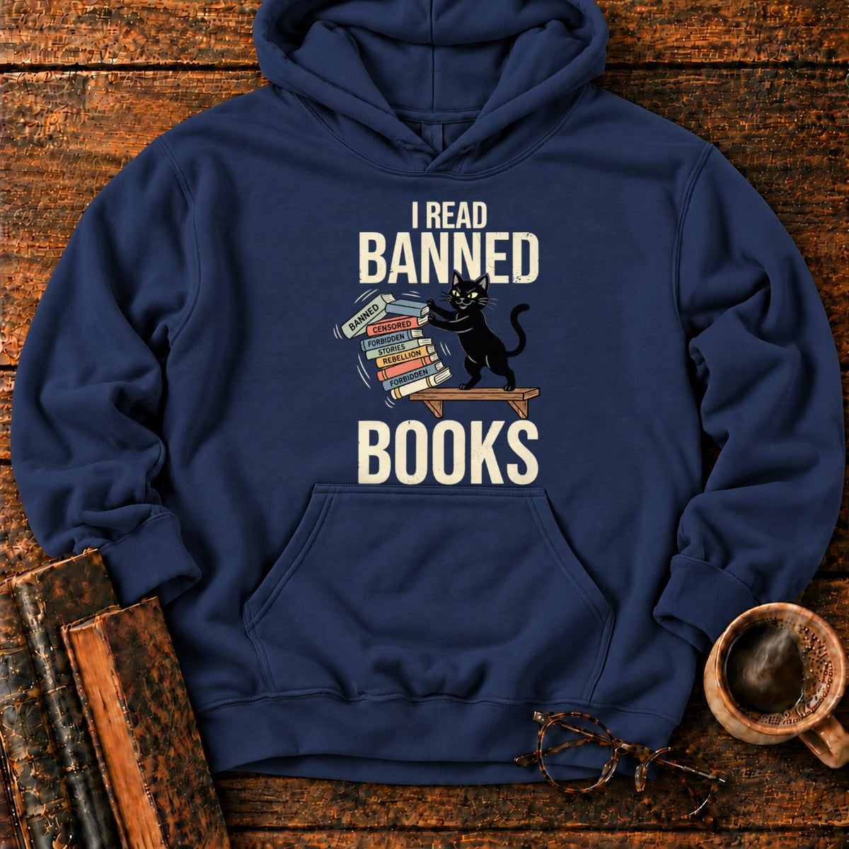 Vintage Cat Pushing A Book Stack Hoodie in Navy – BooksThreads