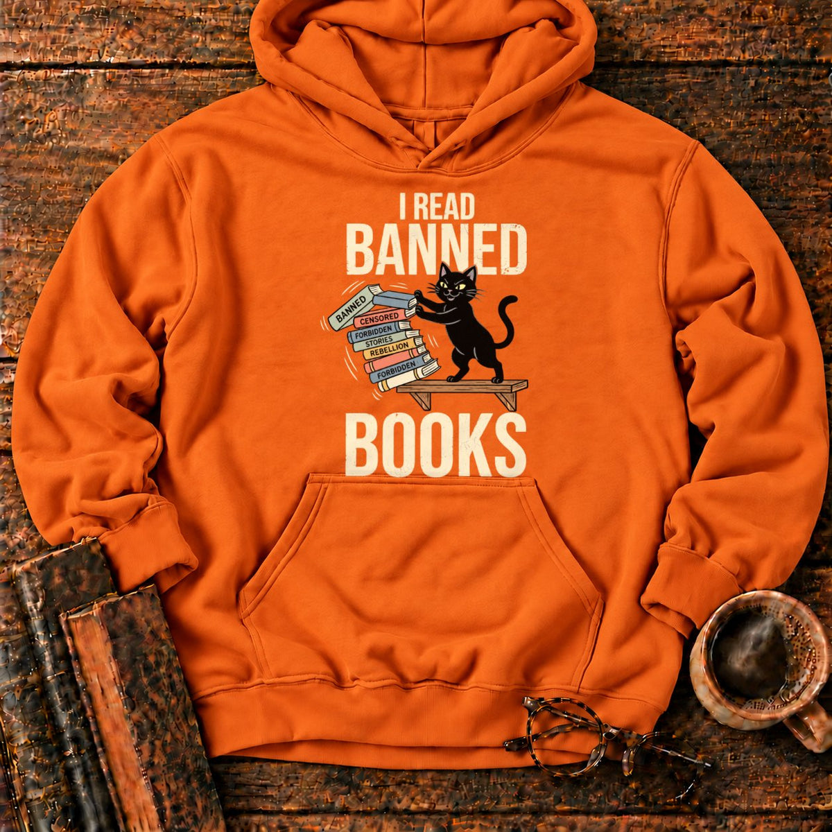 Vintage Cat Pushing A Book Stack Hoodie in Orange – BooksThreads