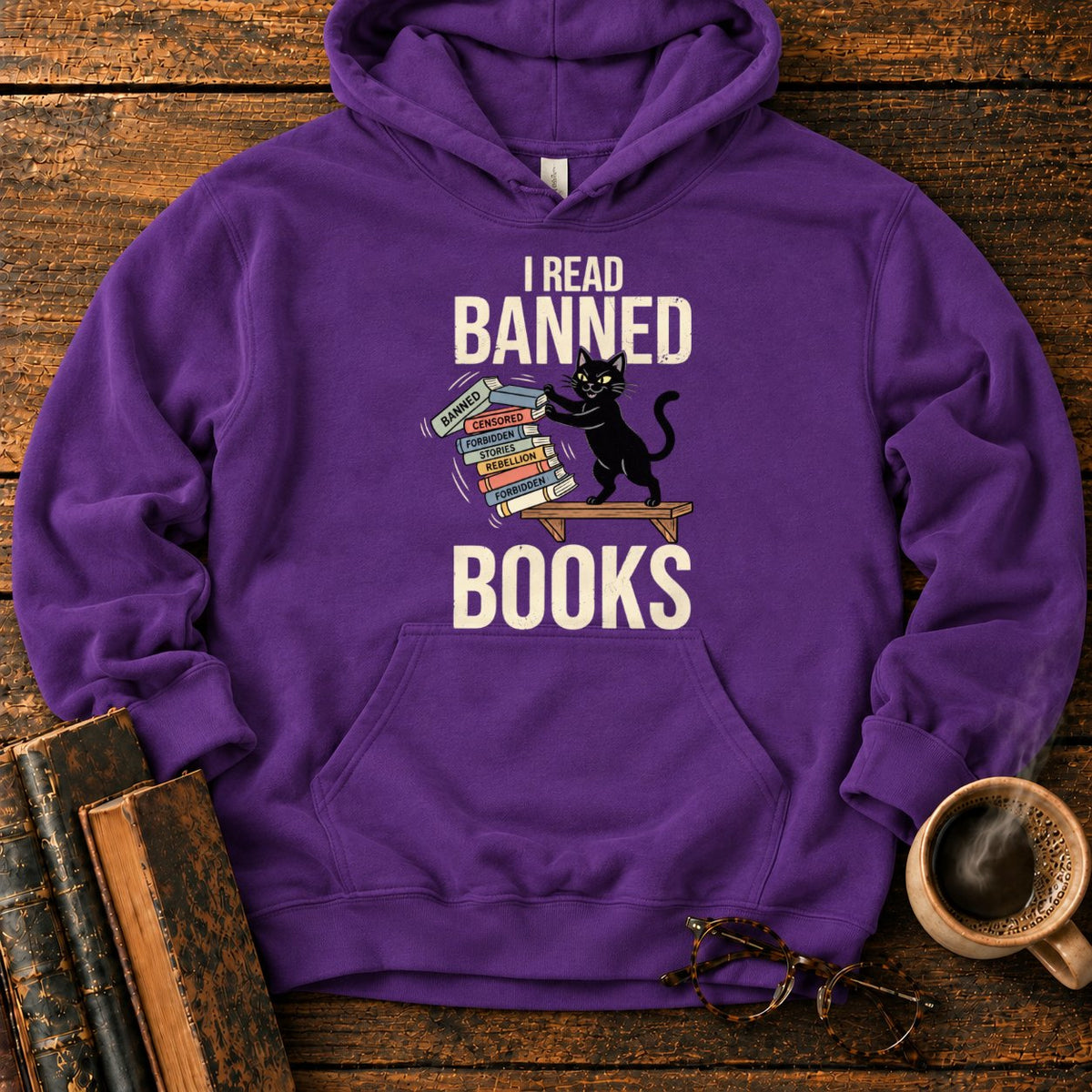 Vintage Cat Pushing A Book Stack Hoodie in Purple – BooksThreads