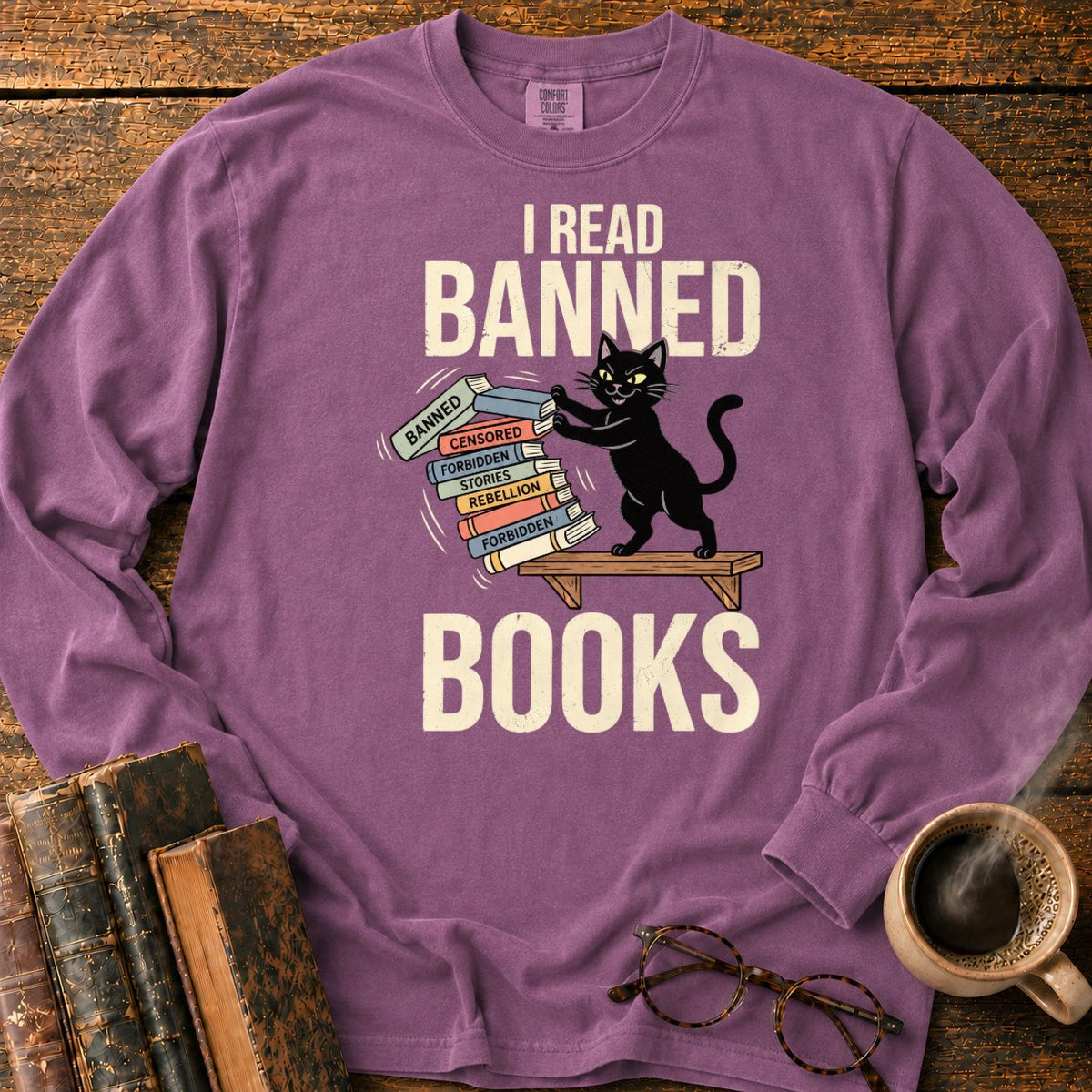 Vintage Cat Pushing A Book Stack LS T-Shirt in Berry – BooksThreads