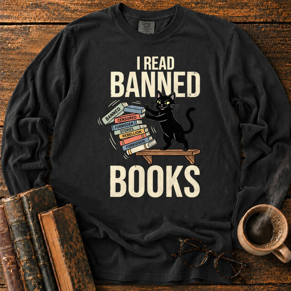 Vintage Cat Pushing A Book Stack LS T-Shirt in Black – BooksThreads