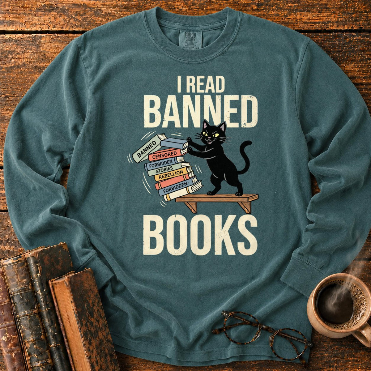 Vintage Cat Pushing A Book Stack LS T-Shirt in Blue Spruce – BooksThreads