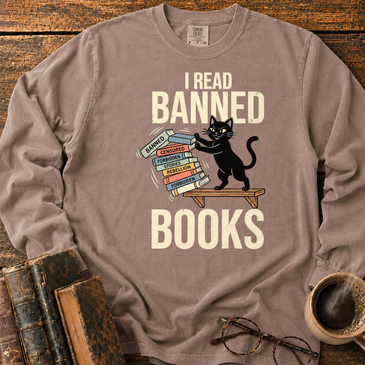 Vintage Cat Pushing A Book Stack LS T-Shirt in Espresso – BooksThreads