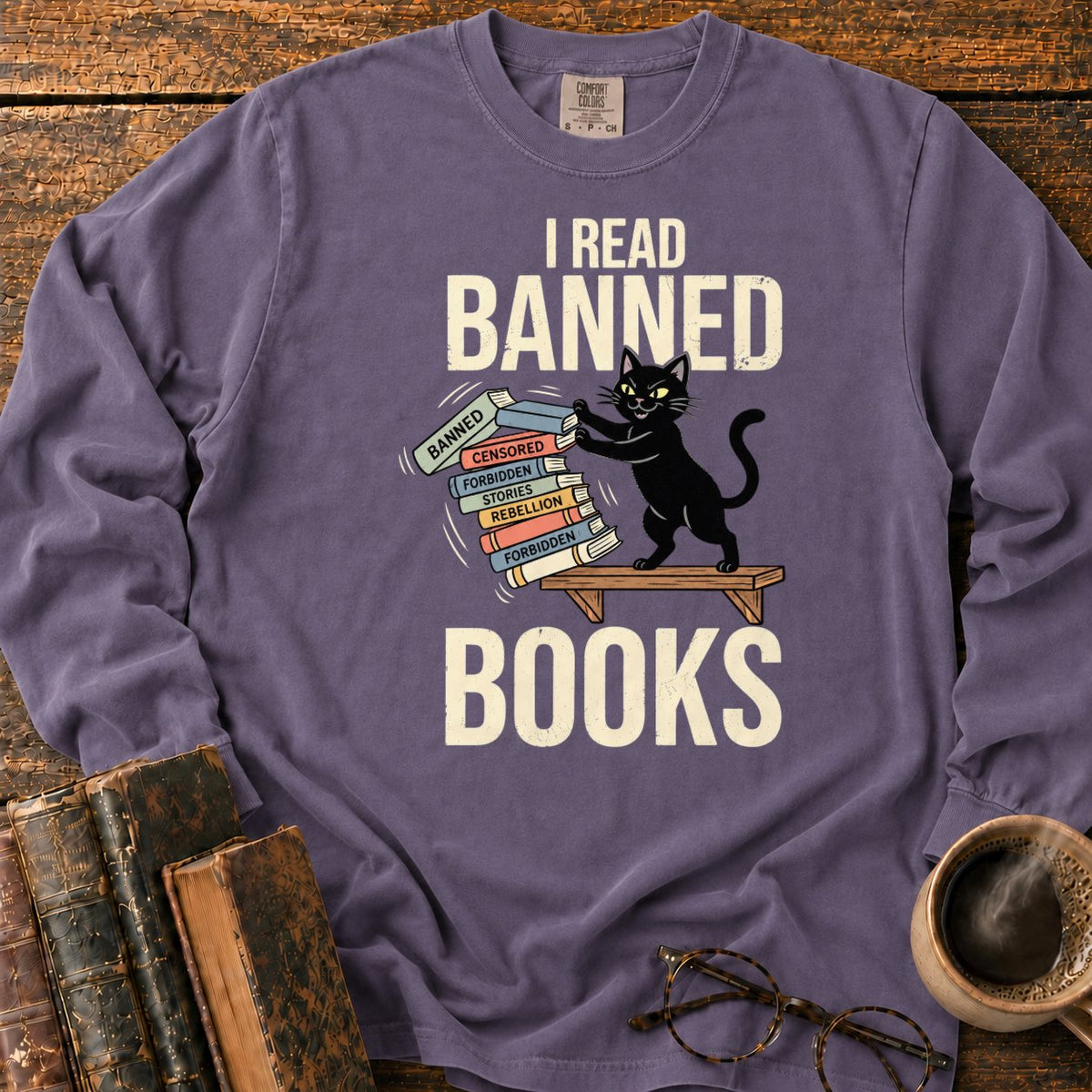 Vintage Cat Pushing A Book Stack LS T-Shirt in Grape – BooksThreads
